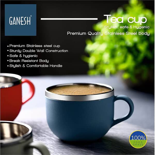 GANESH Stylish Durable Stainless Steel Set of 6 Tea cups B - LXINDIA.COM