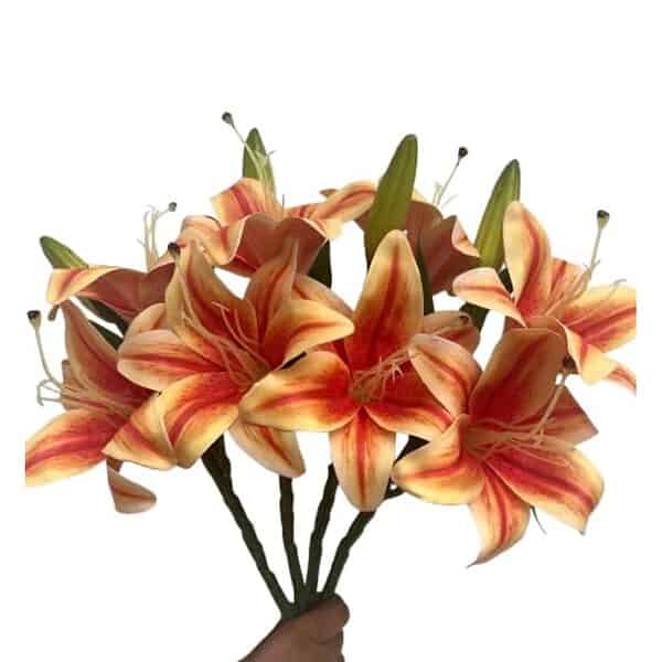 Indus Decor Life like Set of 4 Stems Artificial Lily Flower Bunch Orange - LXINDIA.COM