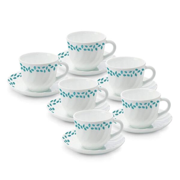 Larah by BOROSIL Blue Leaves Opalware Cup and Saucer Set of 12 pcs - LXINDIA.COM