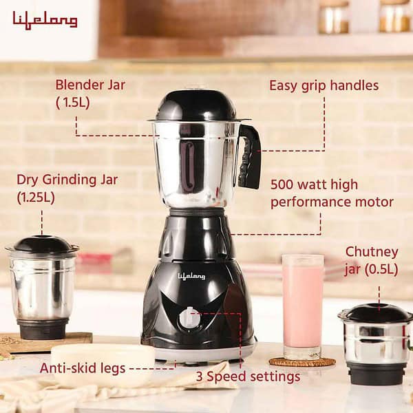 Lifelong Mixer Grinder for Kitchen 3 Jars 500 Watt LLMG232 - LXINDIA.COM