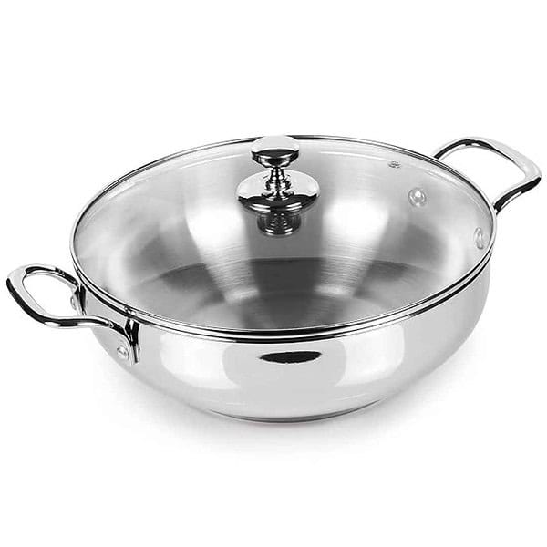 Milton Pro Cook Stainless Steel Sandwich Bottom Kadhai with Glass Lid 28 cm - LXINDIA.COM