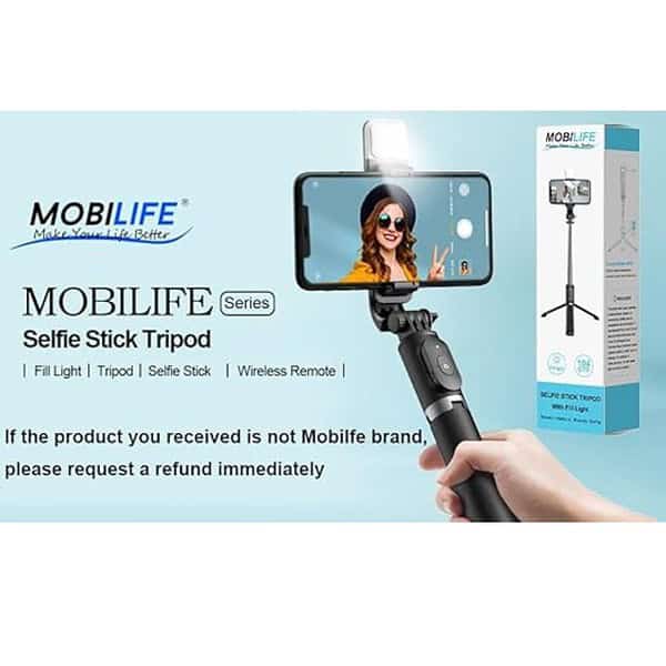 Mobilife Selfie Stick with Light Tripod Stand 41 inch Black 1 - LXINDIA.COM