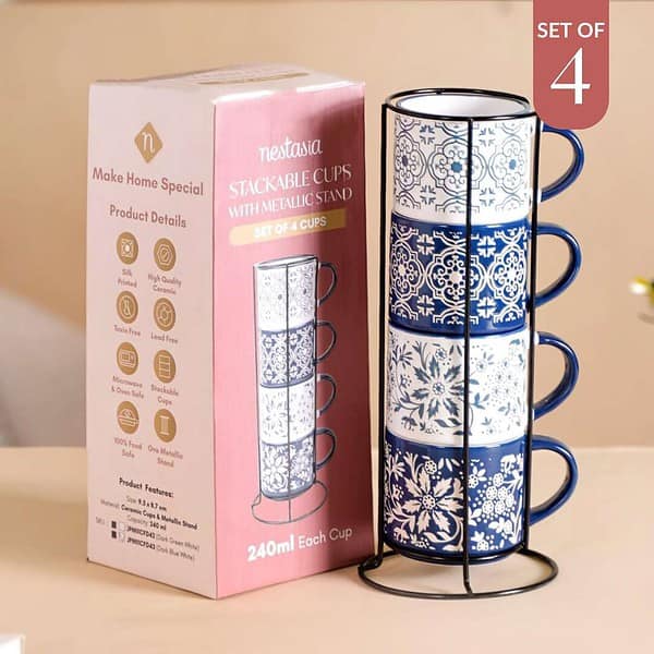 Nestasia Stackable Ceramic Cups Set of 4 Floral Blue D - LXINDIA.COM