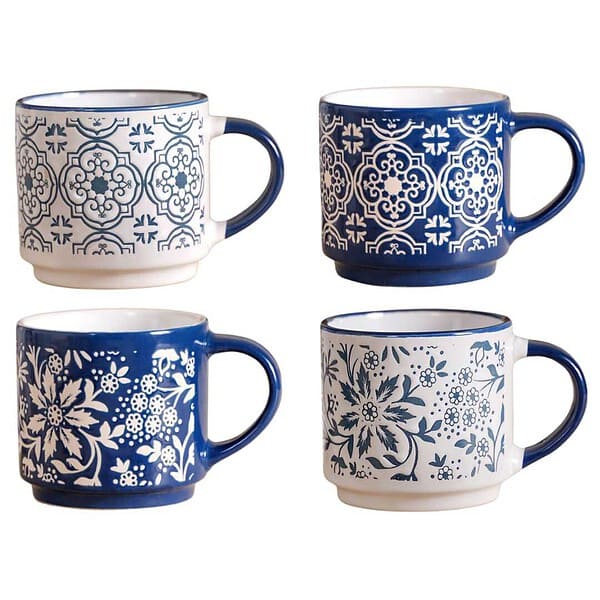 Nestasia Stackable Ceramic Cups Set of 4 Floral Blue F - LXINDIA.COM