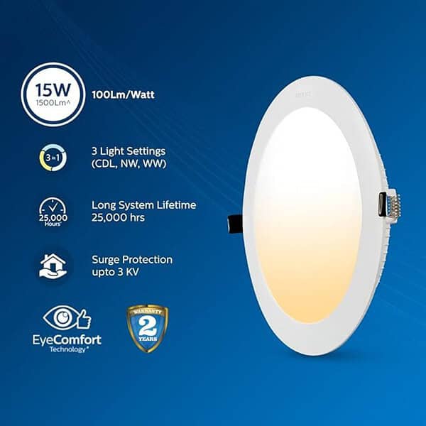 Philips Ultra Glow 15 watt 3 Colors in 1 Recessed Round LED Downlighter 3 - LXINDIA.COM