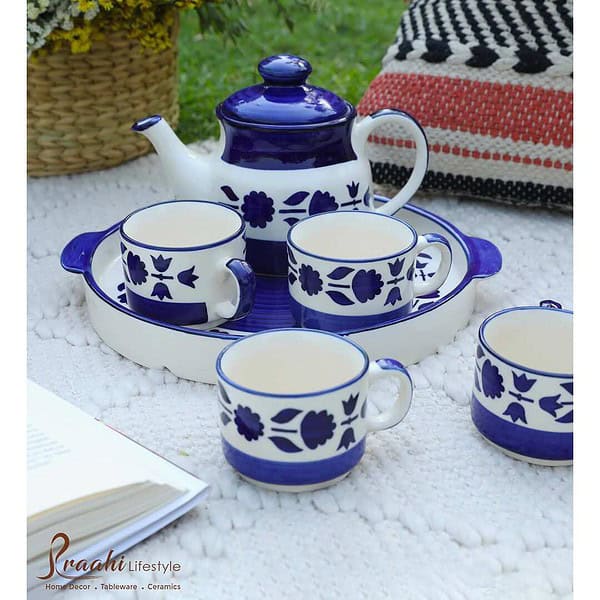 Praahi Lifestyle Tea Cup Set with Kettle And Serving Tray Blue - LXINDIA.COM