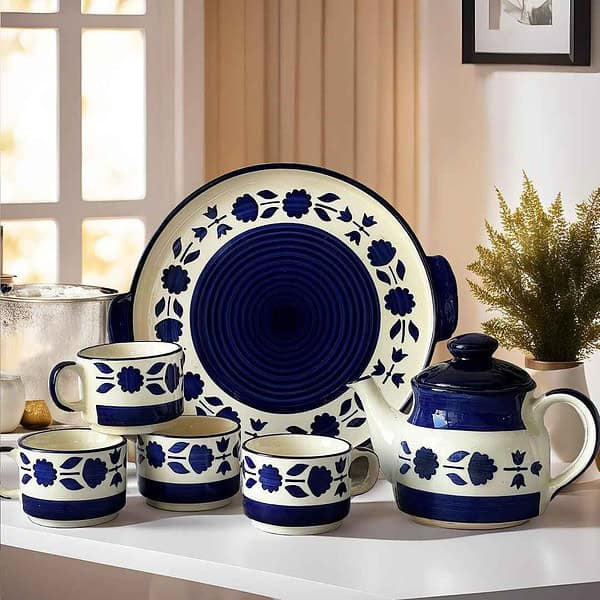 Praahi Lifestyle Tea Cup Set with Kettle And Serving Tray Blue - LXINDIA.COM