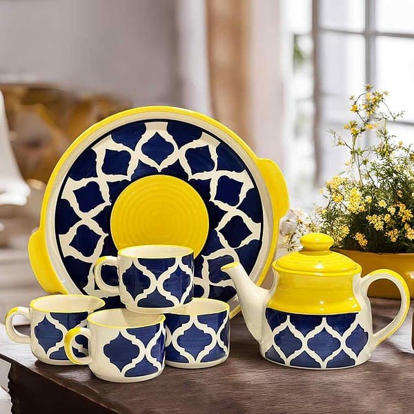 Praahi Lifestyle Tea Cup Set with Kettle And Serving Tray Yellow b - LXINDIA.COM