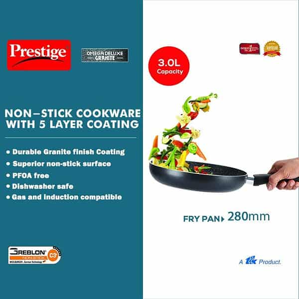 Prestige Aluminium Omega Deluxe Granite 28 cm Black 3 litres Fry Pan with Lid A - LXINDIA.COM