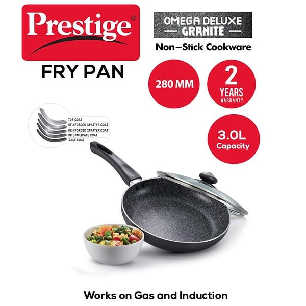 Prestige Aluminium Omega Deluxe Granite 28 cm Black 3 litres Fry Pan with Lid F - LXINDIA.COM