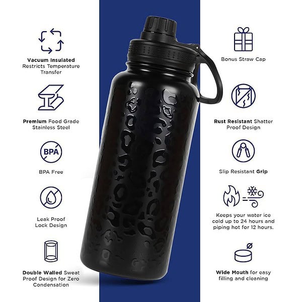 SOLARA Insulated Water Bottle 1000ml Black Leopard - LXINDIA.COM