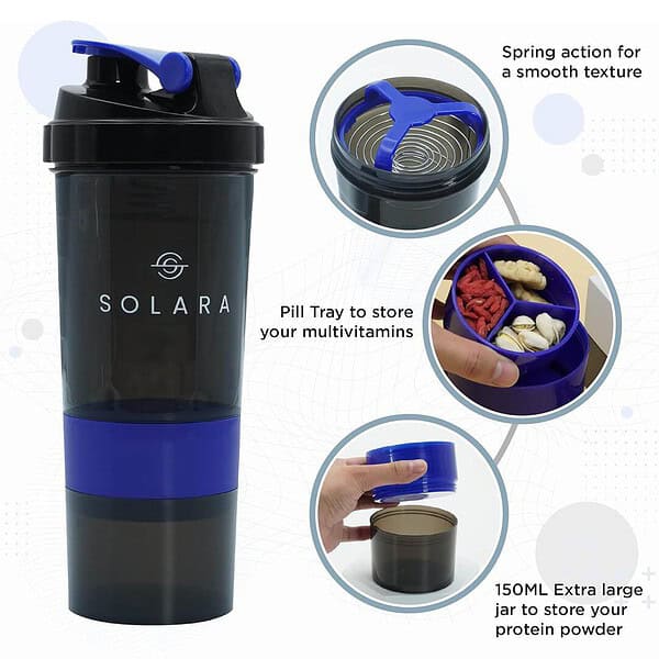 SOLARA Protein Shaker Bottle 650 ML Blue A - LXINDIA.COM