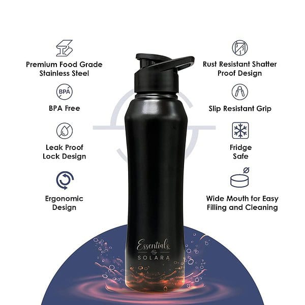 SOLARA Stainless Steel Sipper Water Bottle 1 Litre Black A - LXINDIA.COM