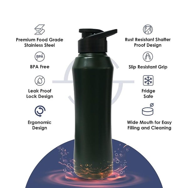 SOLARA Stainless Steel Sipper Water Bottle 1 Litre Dark Green a - LXINDIA.COM