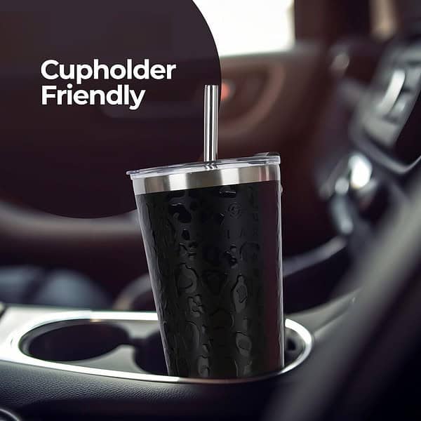 SOLARA Tumbler with lid and Straw 475ml Bottle Black Leopard - LXINDIA.COM