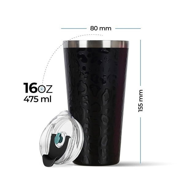 SOLARA Tumbler with lid and Straw 475ml Bottle Black Leopard A - LXINDIA.COM