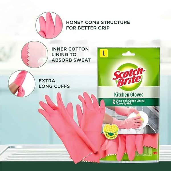 Scotch Brite Rubber Kitchen Gloves Large Pink Pack of 21 - LXINDIA.COM