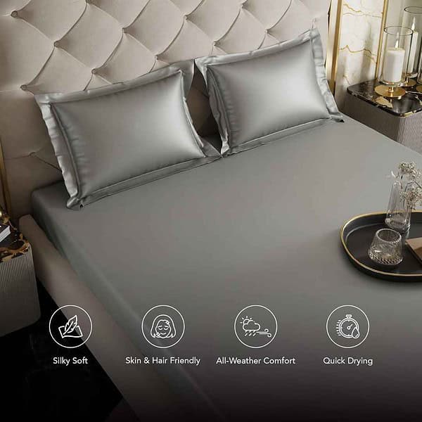 Stoa Paris Satin Elastic Fitted Bedsheets For Double Bed 300Tc Harbour Mistgrey3 - LXINDIA.COM