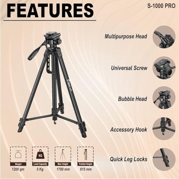 Syvo S 1000 PRO 67 Inch 170CM Tripod for DSLR Black 2 - LXINDIA.COM