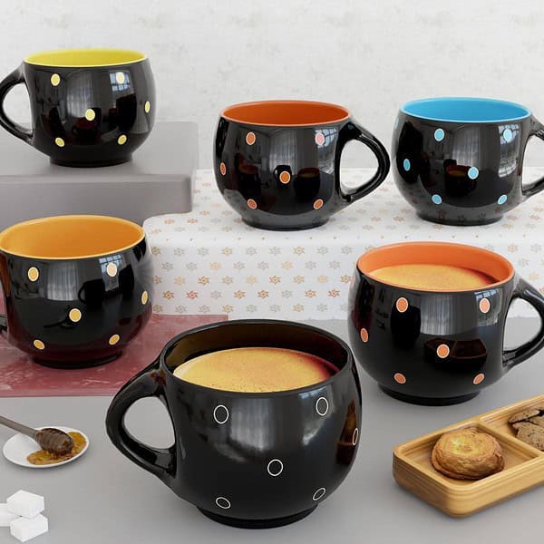 The Earth Store Stylish Pari Round Shine Black Set of 6 Tea Cups - LXINDIA.COM