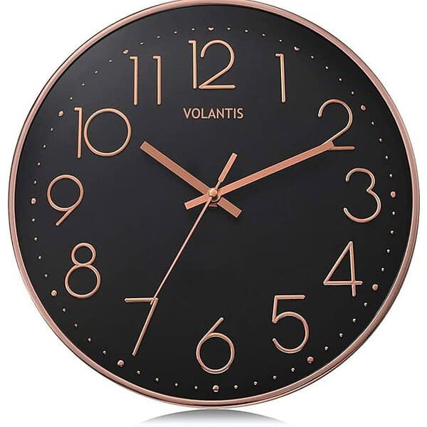 VOLANTIS 12 Inch Modern Plastic Non Ticking Wall Clock Black and Rose Gold - LXINDIA.COM