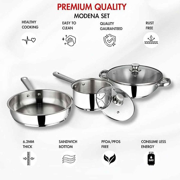 Vinod Stainless Steel 3 Piece Induction Friendly Modena Set Kadai with Glass Lid1 - LXINDIA.COM