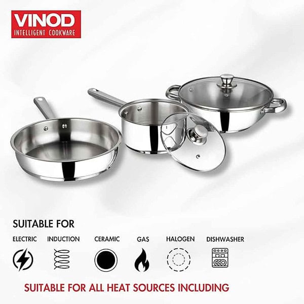 Vinod Stainless Steel 3 Piece Induction Friendly Modena Set Kadai with Glass Lid2 - LXINDIA.COM